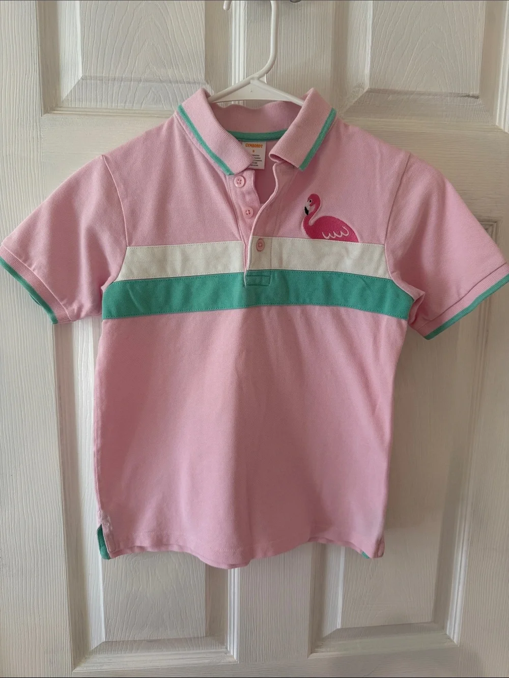 Gymboree Pink Polo with Teal and White Stripes and Flamingo Patch